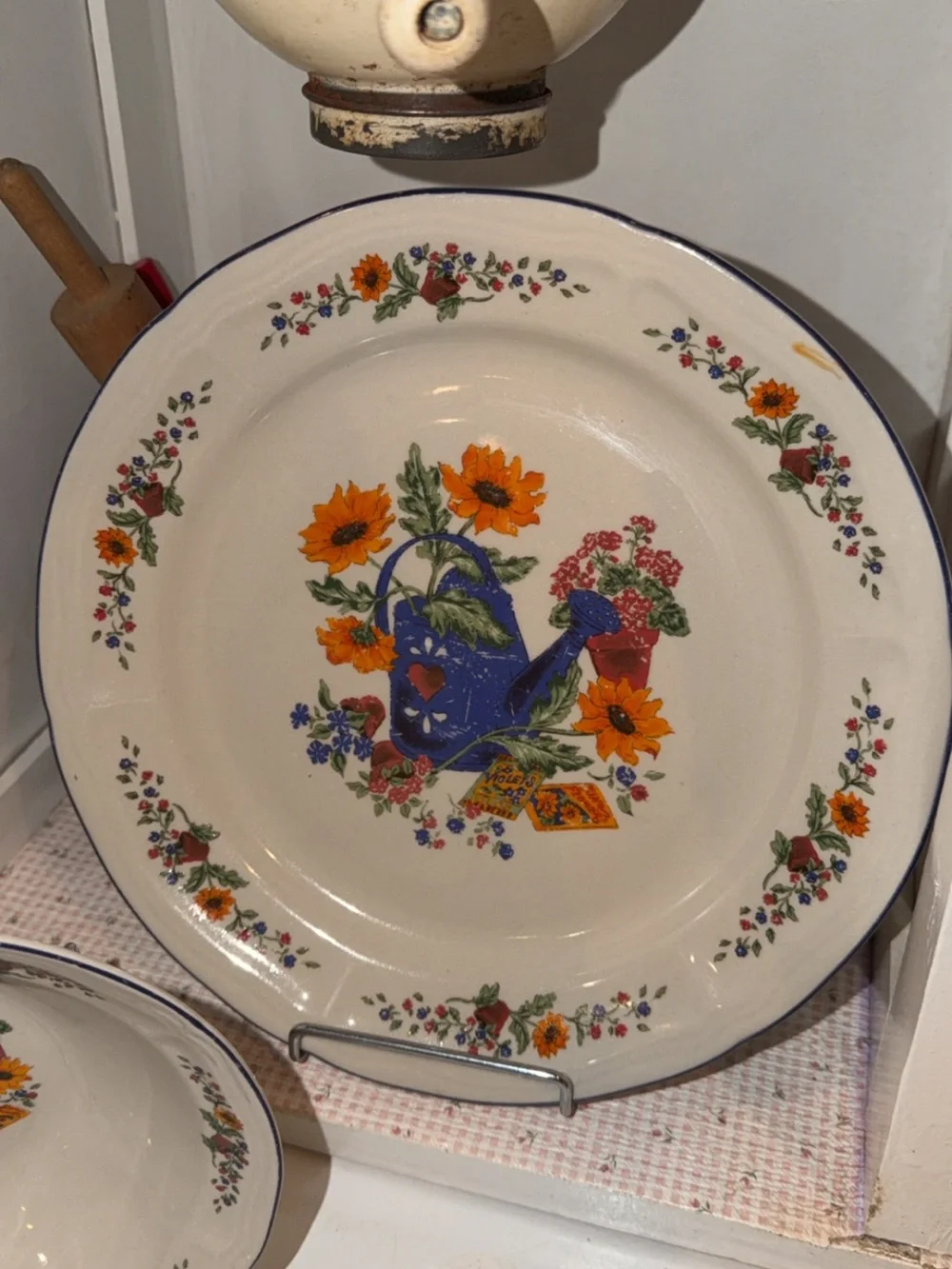 Floral Pitcher Dinner Plate and Bowl Set - Cream with Orange & Blue Floral Motif